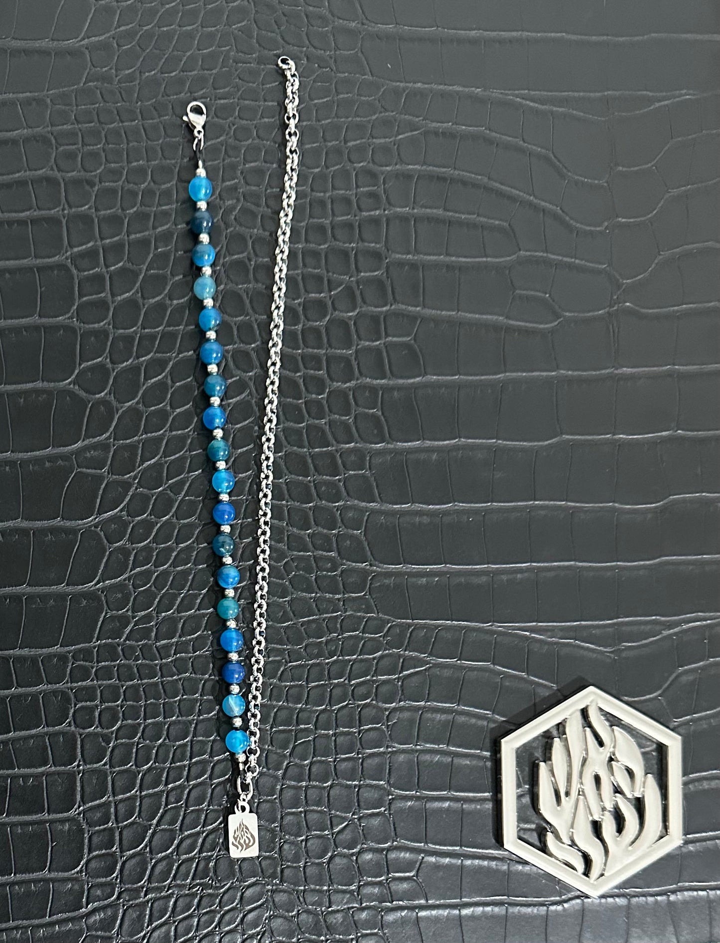 Bracelet double chaîne + perles bleu oeil de tigre