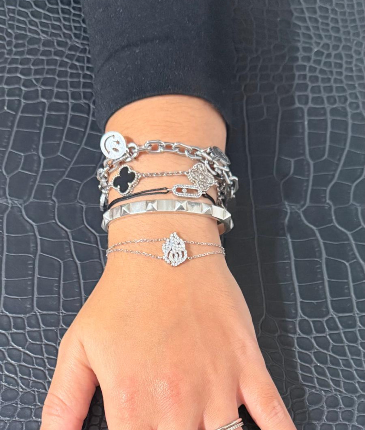 Double diamond flame silver bracelet